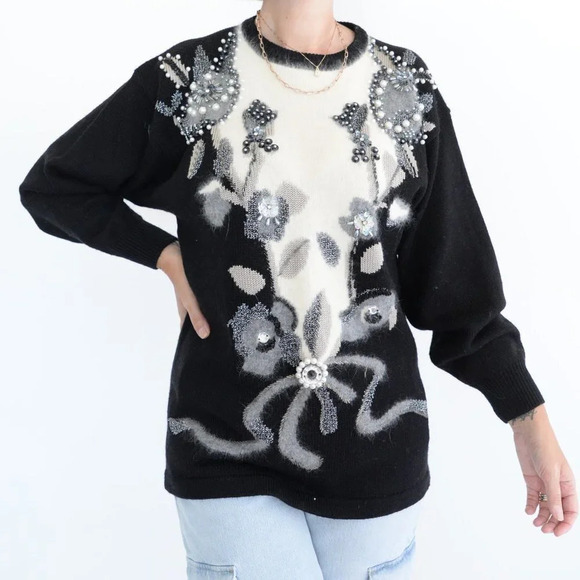 Sweaters - Vintage Angora Elegant Black and White Floral Sweater
